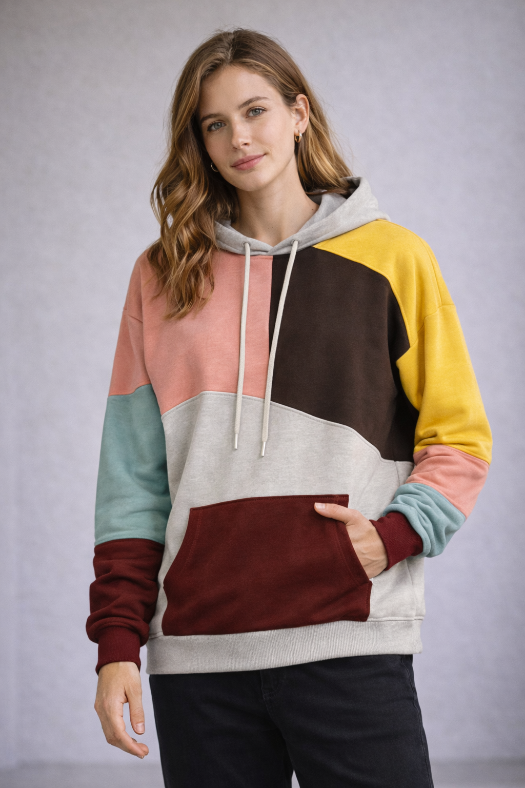 Beat Blau/Braun Mehrfarbiger Color-Block Hoodie mit Kapuze für Herren | Casual Freizeit - S/M/L/XL/2XL/3XL