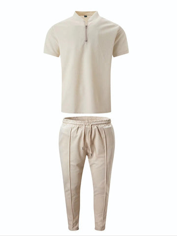 Reto Khaki Waffle-Knit Halbzip 2-teiliges Set für Herren | Lässig-Eleganter Komfort | Smart-Casual Freizeit - S/M/L/XL/2XL/3XL