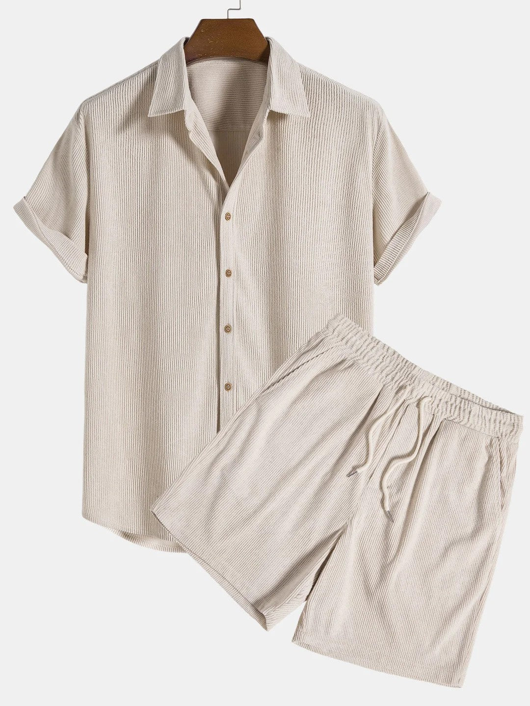 Fritz Beige Geripptes Hemd-Shorts Set für Herren | Atmungsaktiv Lässiger Stil | Strand und Urlaub - S/M/L/XL/2XL/3XL
