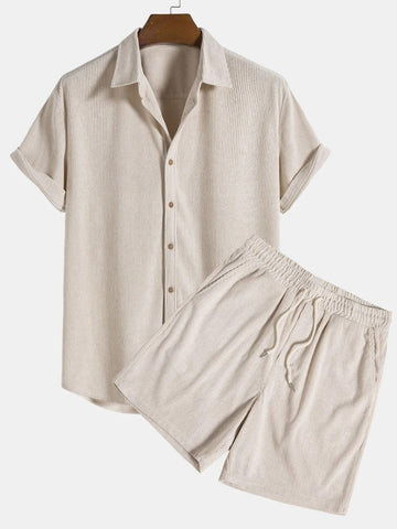 Fritz Beige Geripptes Hemd-Shorts Set für Herren | Atmungsaktiv Lässiger Stil | Strand und Urlaub - S/M/L/XL/2XL/3XL