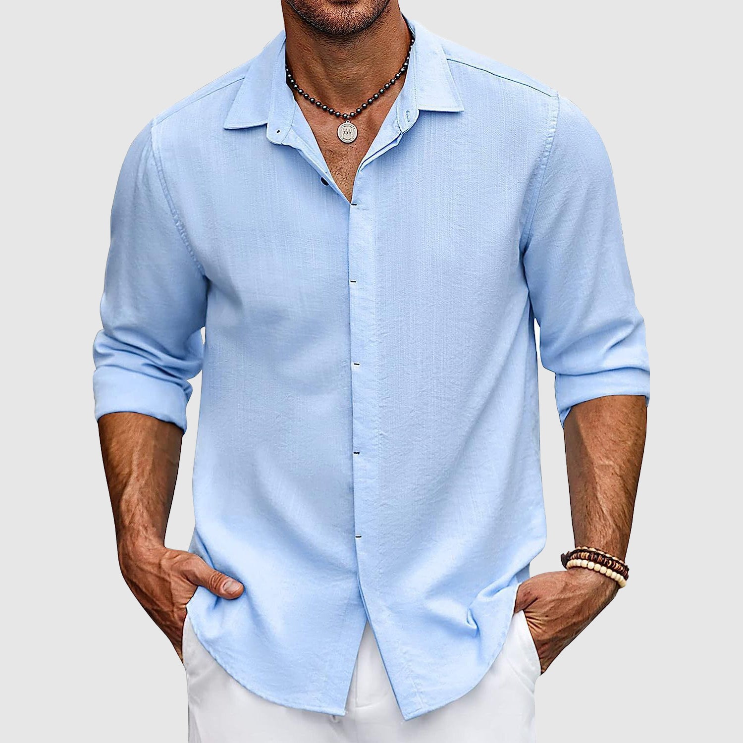 Beat Helles Blau Leinen Langarmhemd Herren | Atmungsaktiv Lässiger Fit | Sommer Urlaub - S/M/L/XL/2XL/3XL