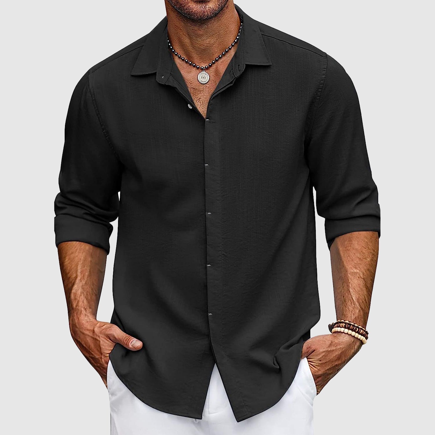 Beat Helles Blau Leinen Langarmhemd Herren | Atmungsaktiv Lässiger Fit | Sommer Urlaub - S/M/L/XL/2XL/3XL