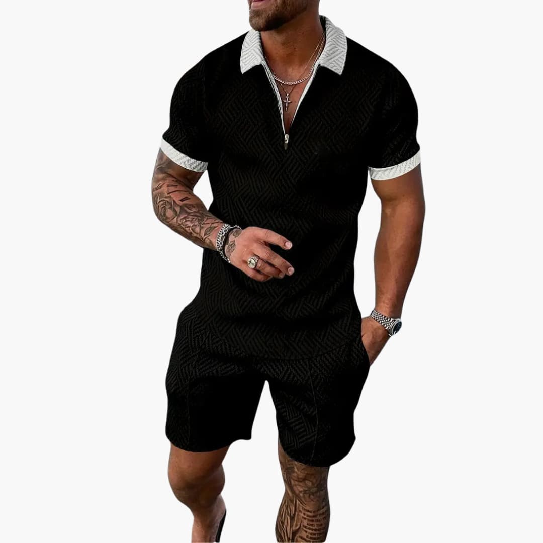 Theo Schwarz-Weiß Jacquard Polo Zweiteiler Herren | Leichtes Sommer-Set für Freizeit und Reisen - S/M/L/XL/2XL/3XL
