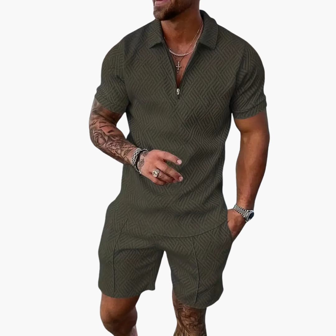 Theo Schwarz-Weiß Jacquard Polo Zweiteiler Herren | Leichtes Sommer-Set für Freizeit und Reisen - S/M/L/XL/2XL/3XL