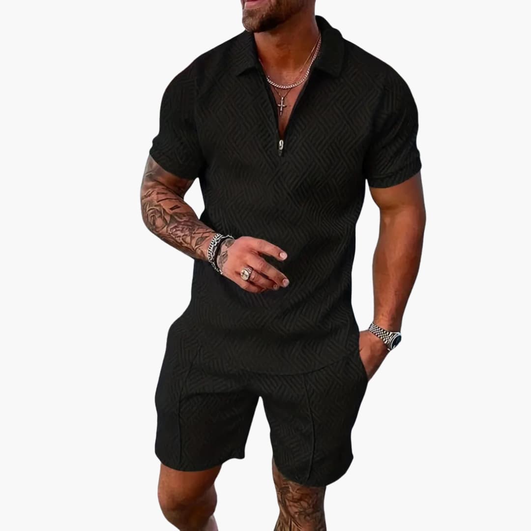Theo Schwarz-Weiß Jacquard Polo Zweiteiler Herren | Leichtes Sommer-Set für Freizeit und Reisen - S/M/L/XL/2XL/3XL