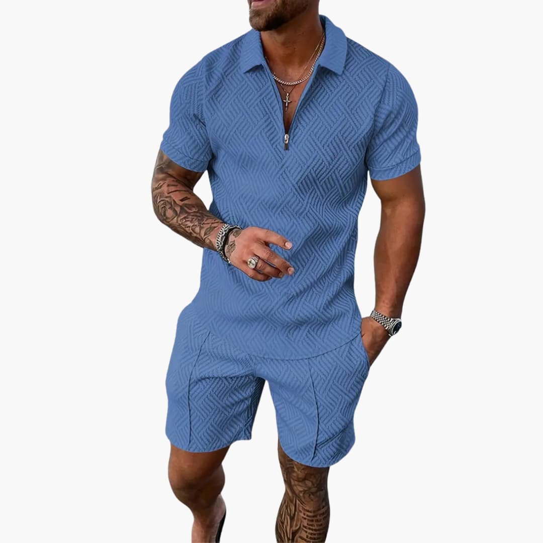 Theo Schwarz-Weiß Jacquard Polo Zweiteiler Herren | Leichtes Sommer-Set für Freizeit und Reisen - S/M/L/XL/2XL/3XL