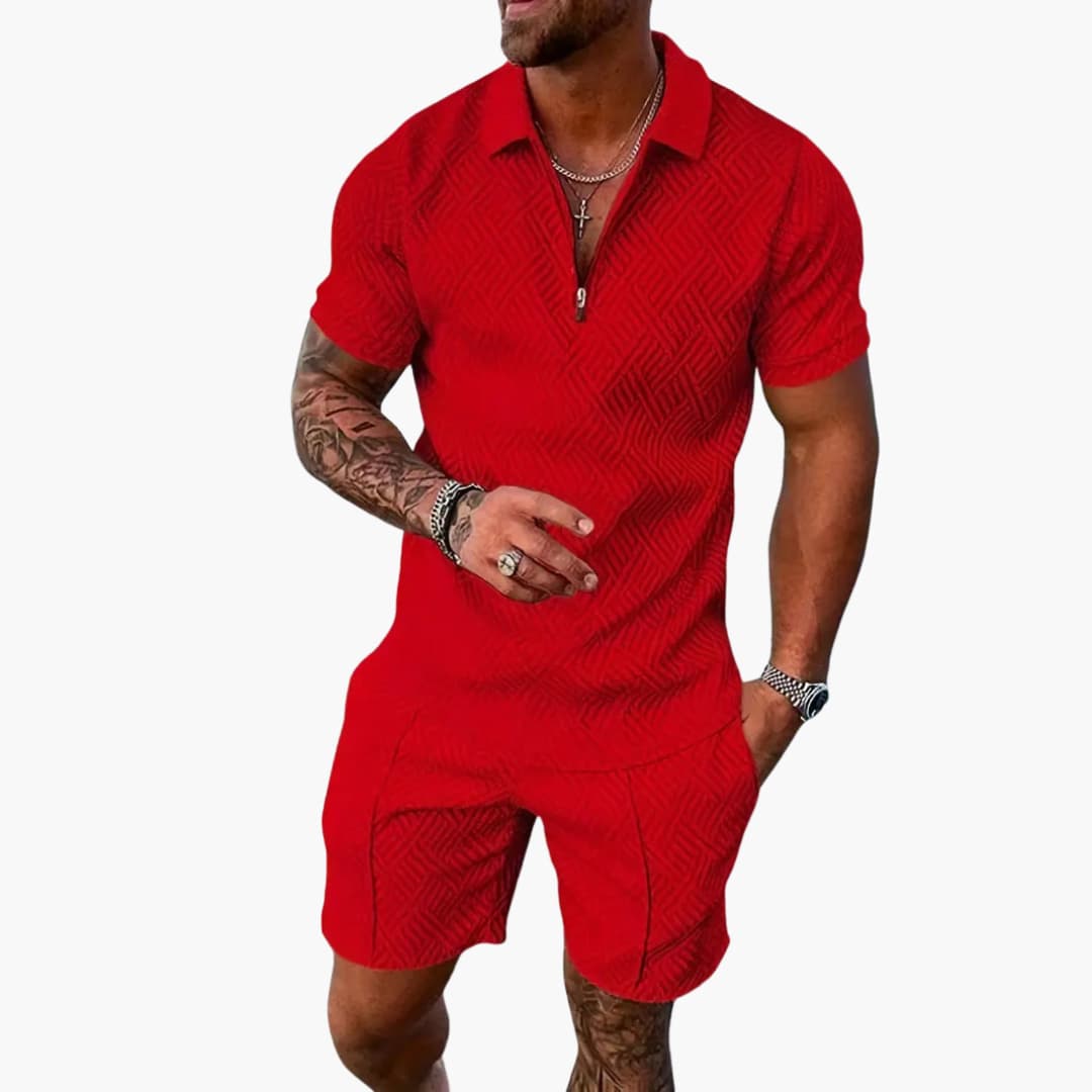 Theo Schwarz-Weiß Jacquard Polo Zweiteiler Herren | Leichtes Sommer-Set für Freizeit und Reisen - S/M/L/XL/2XL/3XL