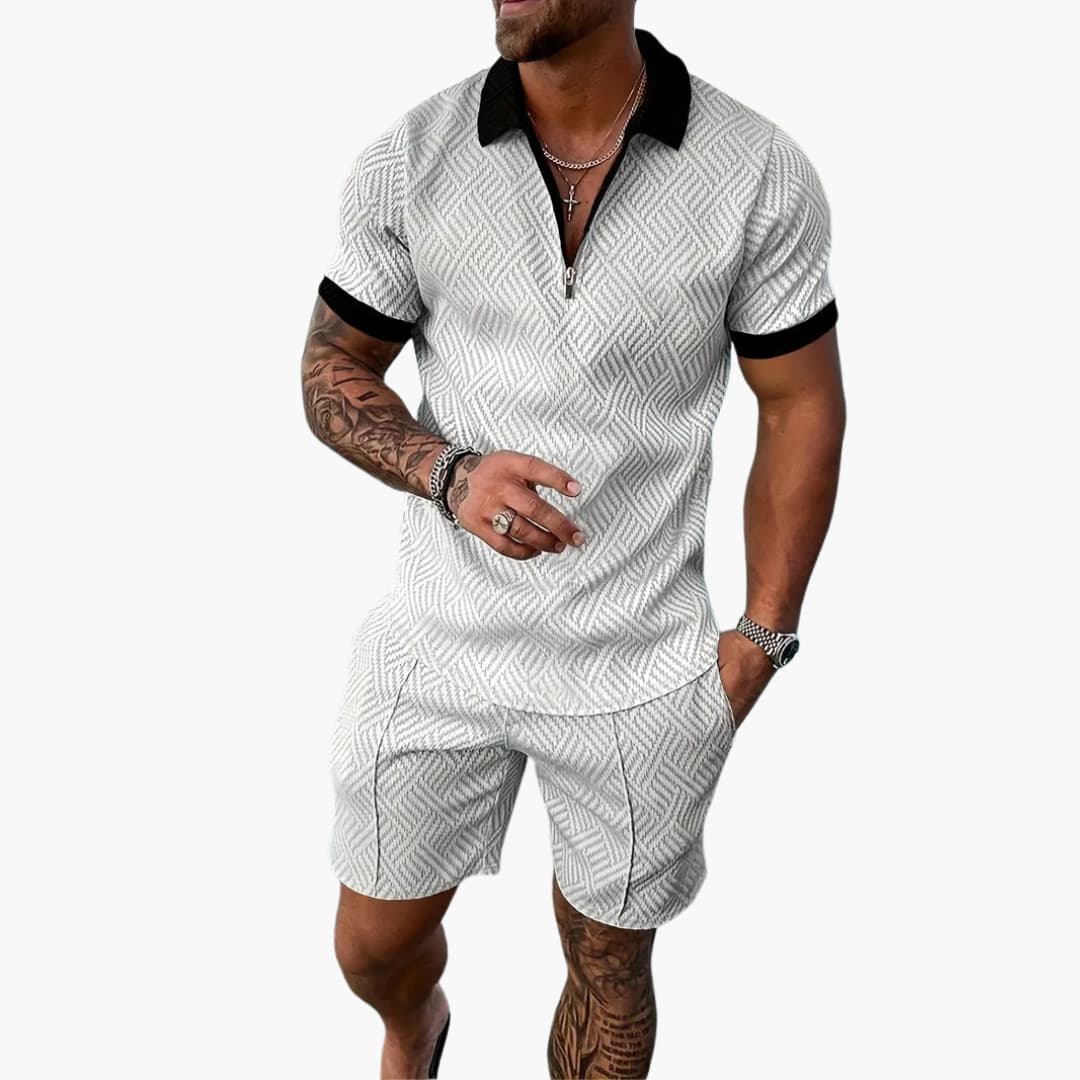 Theo Schwarz-Weiß Jacquard Polo Zweiteiler Herren | Leichtes Sommer-Set für Freizeit und Reisen - S/M/L/XL/2XL/3XL