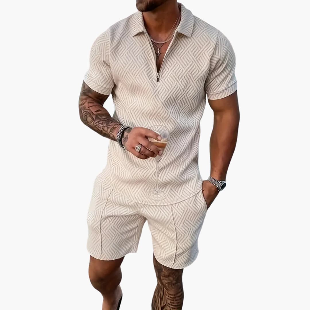 Theo Schwarz-Weiß Jacquard Polo Zweiteiler Herren | Leichtes Sommer-Set für Freizeit und Reisen - S/M/L/XL/2XL/3XL