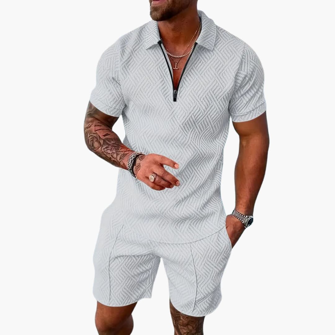 Theo Schwarz-Weiß Jacquard Polo Zweiteiler Herren | Leichtes Sommer-Set für Freizeit und Reisen - S/M/L/XL/2XL/3XL