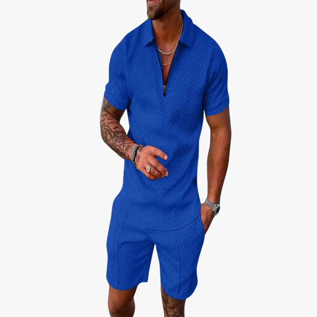 Theo Schwarz-Weiß Jacquard Polo Zweiteiler Herren | Leichtes Sommer-Set für Freizeit und Reisen - S/M/L/XL/2XL/3XL