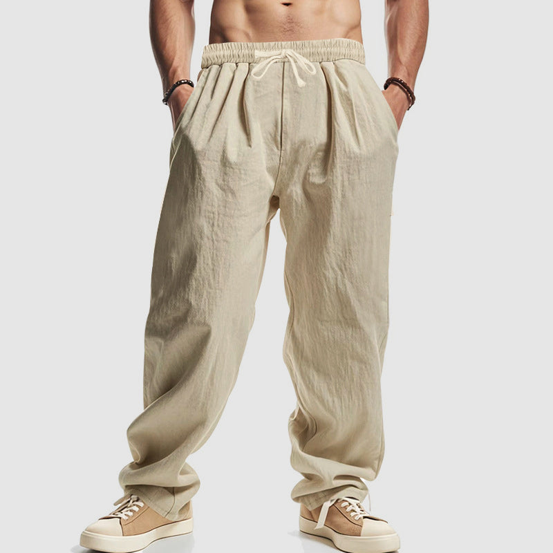 Stefan Khaki Leinenoptik Relaxed Fit Hose für Herren | Kordelzug Casual Stil - S/M/L/XL/2XL/3XL