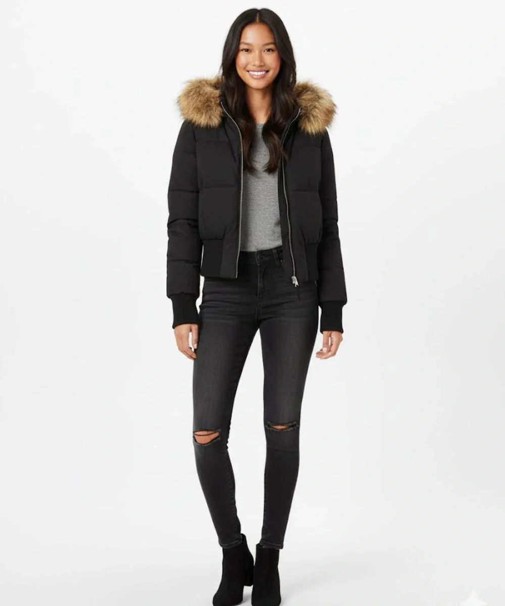 Vreni Schwarz Gesteppte Winterjacke mit Kapuze für Damen | Kunstfell-Besatz Slim Fit Winter - XXS/XS/S
