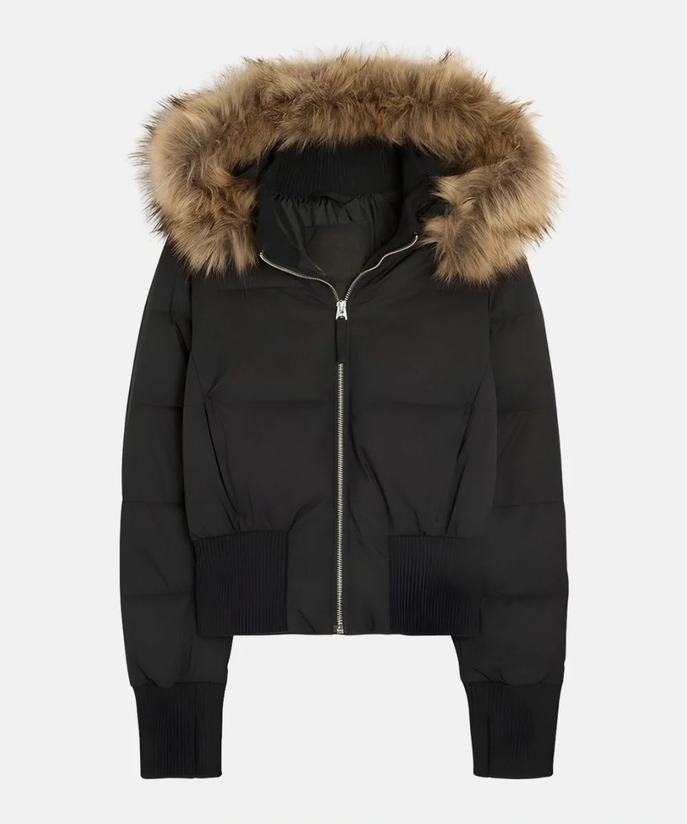 Vreni Schwarz Gesteppte Winterjacke mit Kapuze für Damen | Kunstfell-Besatz Slim Fit Winter - XXS/XS/S