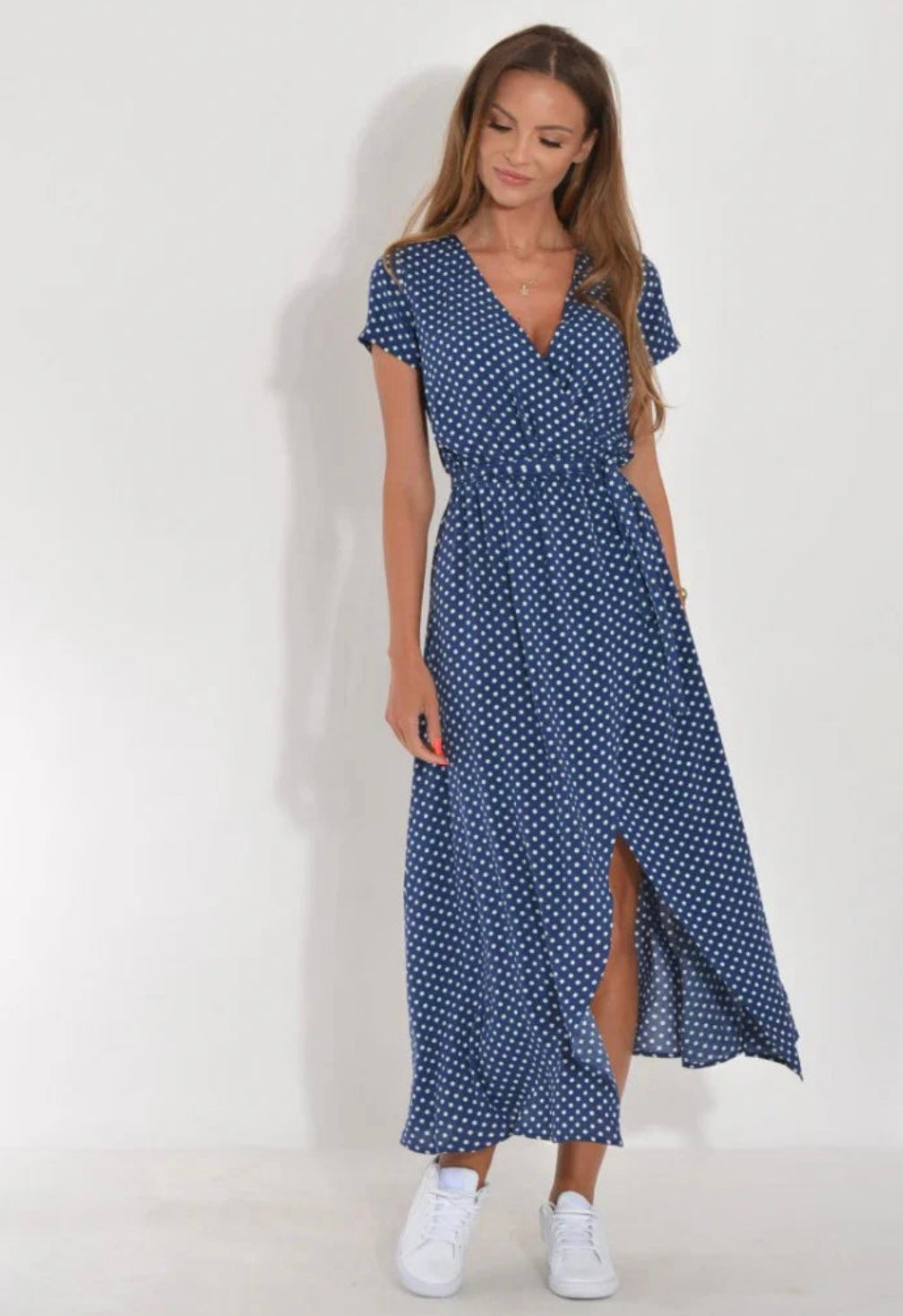 Monika Rot/Blau Florales Wickel-Maxikleid für Damen | Femininer Wickelschnitt | Sommer & Alltag - S/M/L/XL/2XL