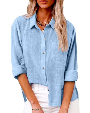 Wanda Himmelblau Leinenoptik Button-Down Bluse für Damen | Relaxed Fit Casual Stil - S/M/L/XL/2XL