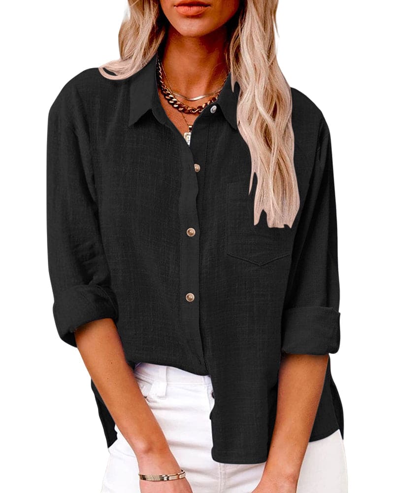 Wanda Himmelblau Leinenoptik Button-Down Bluse für Damen | Relaxed Fit Casual Stil - S/M/L/XL/2XL
