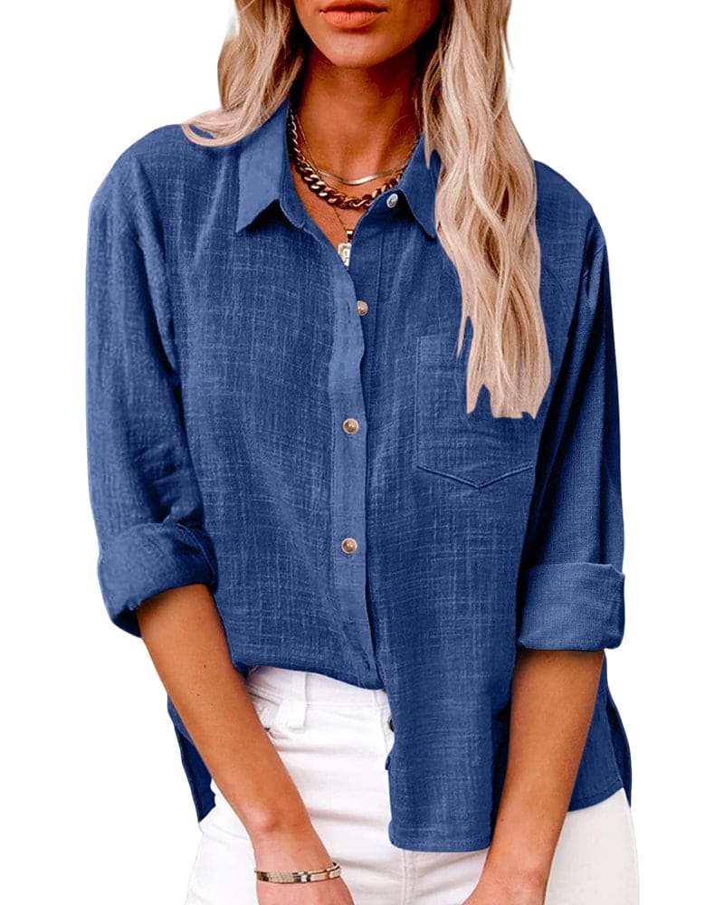 Wanda Himmelblau Leinenoptik Button-Down Bluse für Damen | Relaxed Fit Casual Stil - S/M/L/XL/2XL