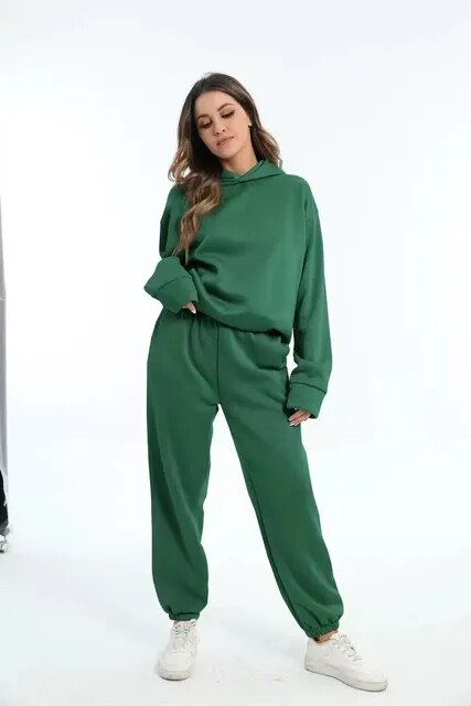 Vreni Grün Zweiteiler Kapuzenpullover und Jogginghose für Damen | Casual Freizeit Regular Fit - S/M/L/XL/2XL