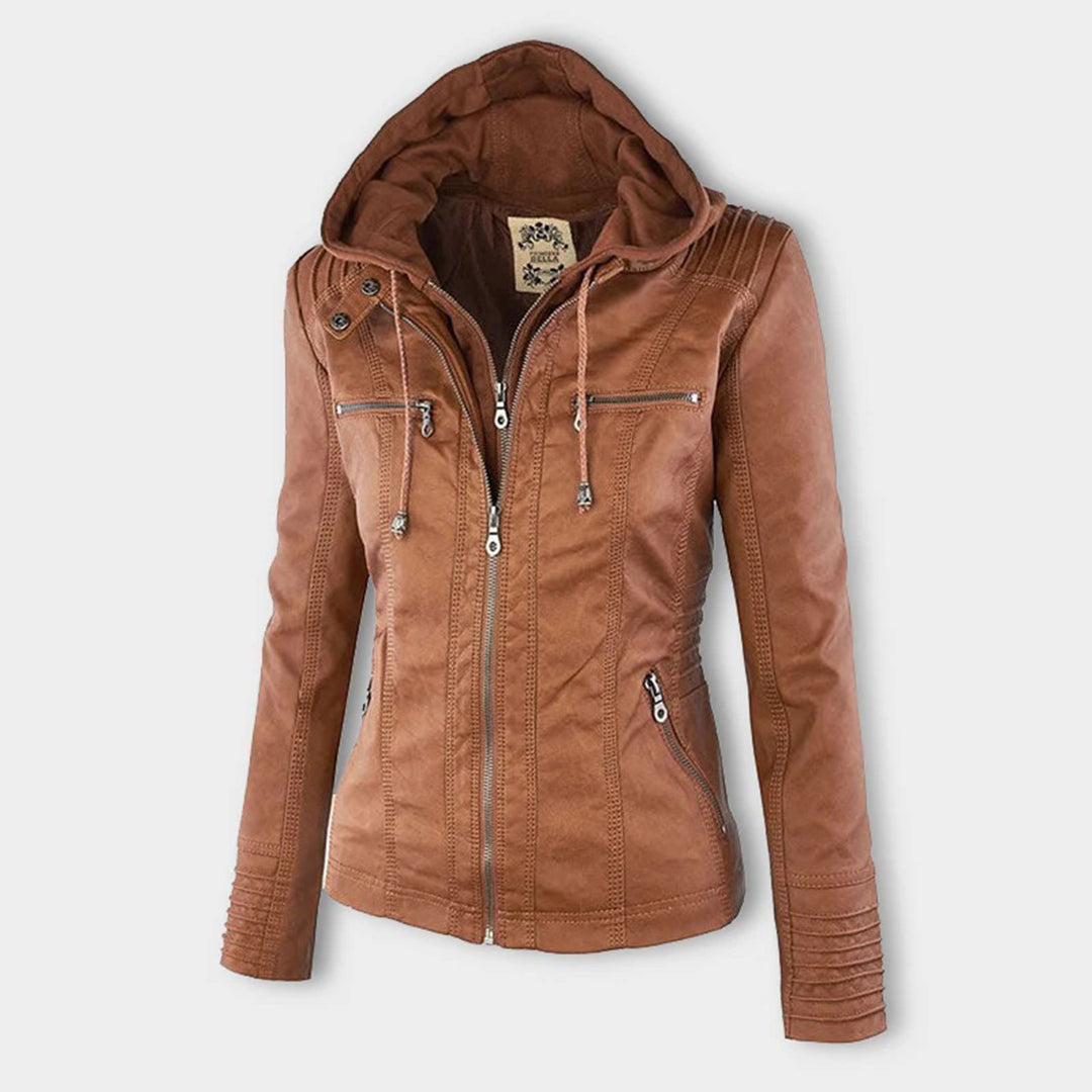 Frieda Schwarz Kunstleder-Optik Bikerjacke mit abnehmbarer Kapuze für Damen | Slim Fit Casual - S/M/L/XL/2XL/3XL