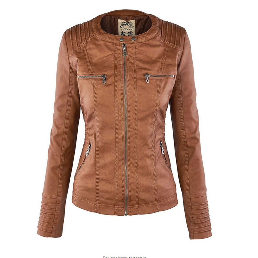 Monika Braun Kurze Leder-Optik Jacke mit Kapuze für Damen | Biker Stil Casual Herbst - S/M/L/XL/2XL/3XL