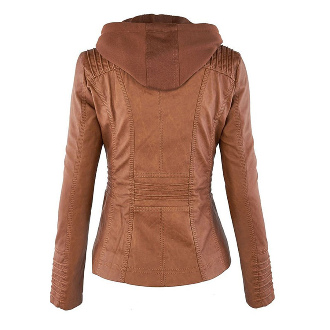 Frieda Schwarz Kunstleder-Optik Bikerjacke mit abnehmbarer Kapuze für Damen | Slim Fit Casual - S/M/L/XL/2XL/3XL