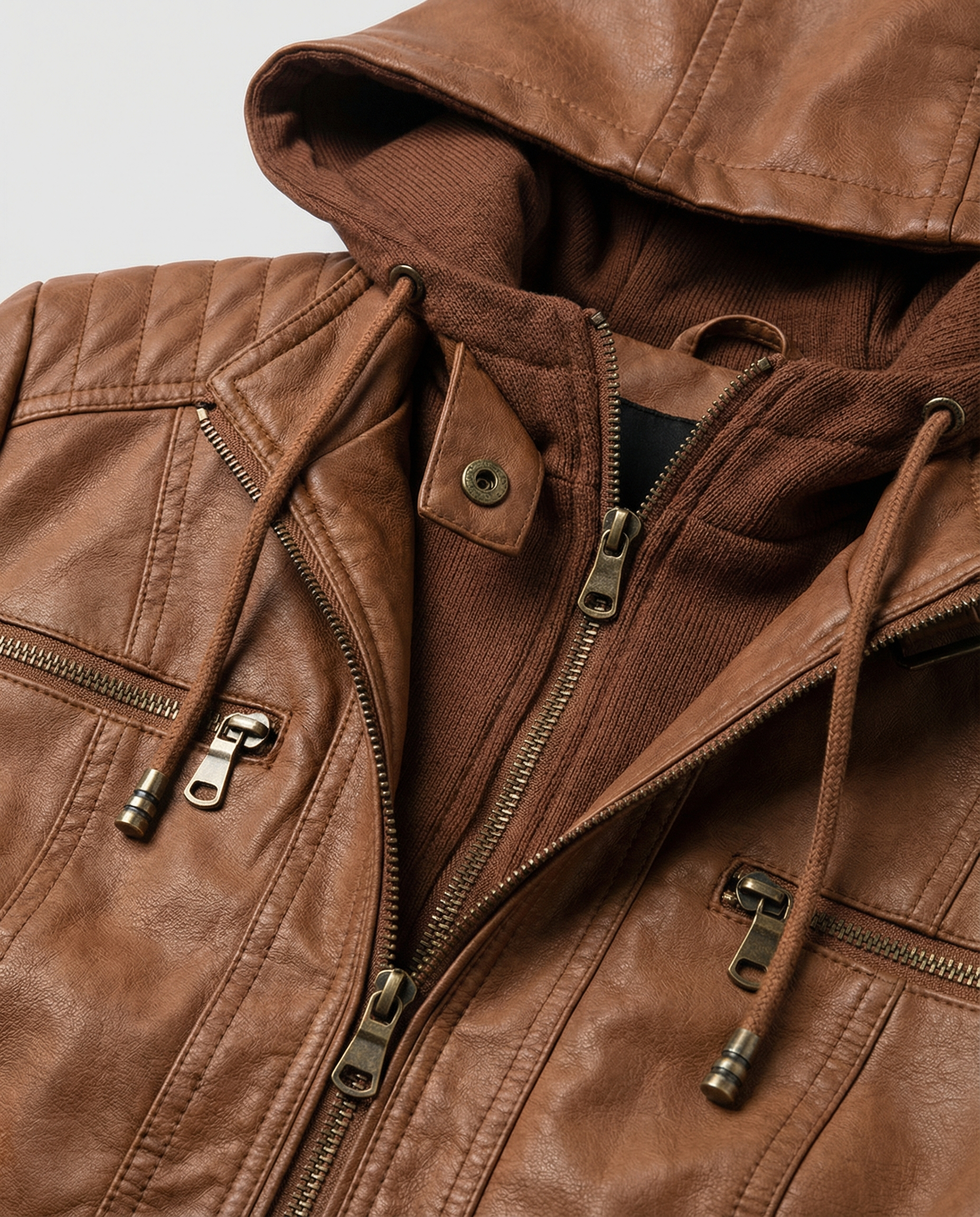 Monika Braun Kurze Leder-Optik Jacke mit Kapuze für Damen | Biker Stil Casual Herbst - S/M/L/XL/2XL/3XL