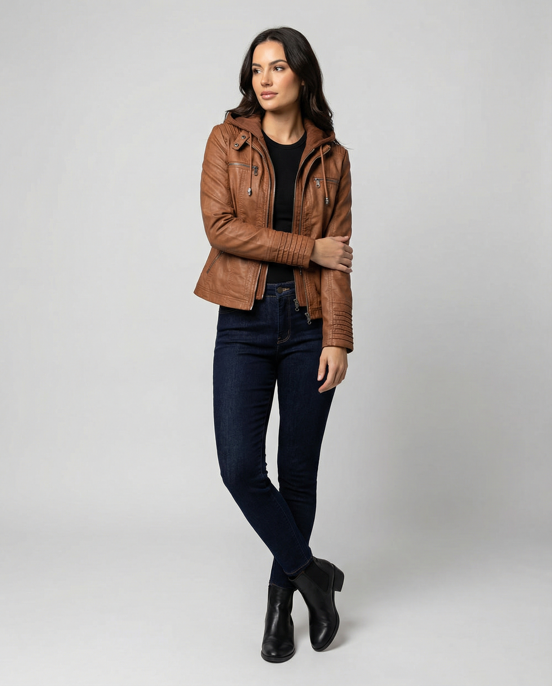 Monika Braun Kurze Leder-Optik Jacke mit Kapuze für Damen | Biker Stil Casual Herbst - S/M/L/XL/2XL/3XL