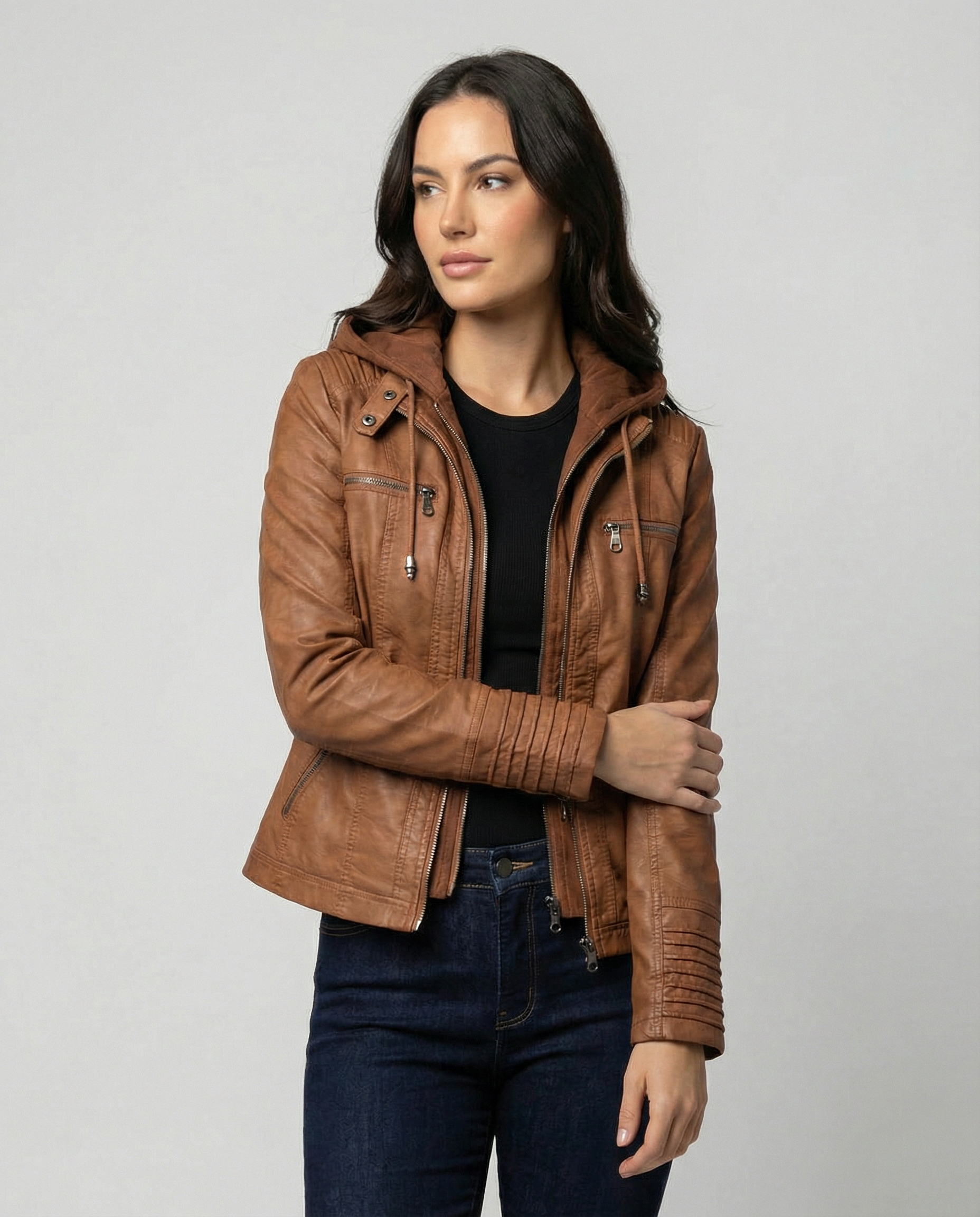 Monika Braun Kurze Leder-Optik Jacke mit Kapuze für Damen | Biker Stil Casual Herbst - S/M/L/XL/2XL/3XL