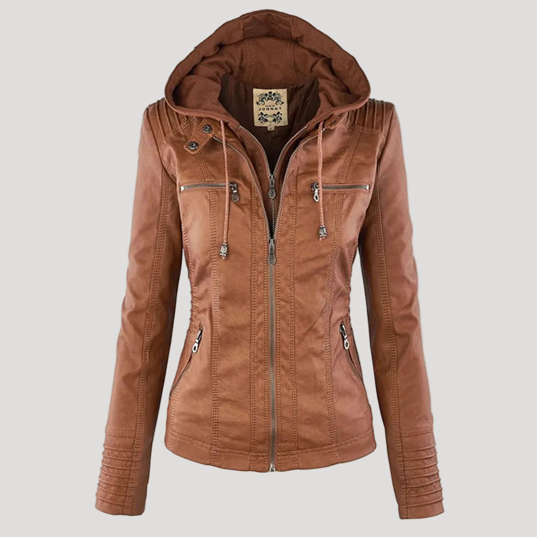 Frieda Schwarz Kunstleder-Optik Bikerjacke mit abnehmbarer Kapuze für Damen | Slim Fit Casual - S/M/L/XL/2XL/3XL