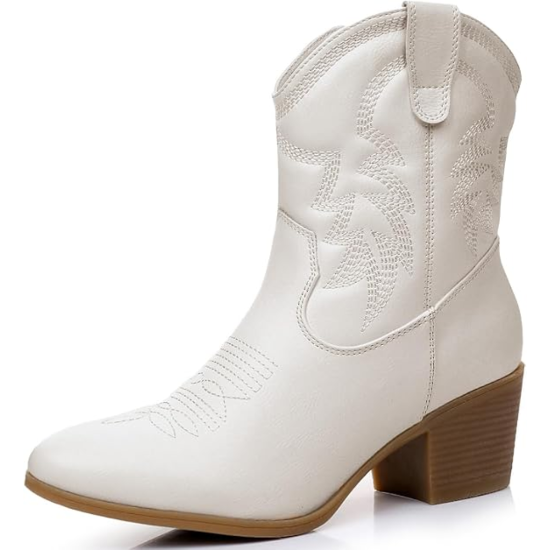 Yvonne Weiss Bestickte Western Cowgirl-Stiefel für Damen | Blockabsatz Vintage Stil | Seitlicher Reissverschluss - 35-41