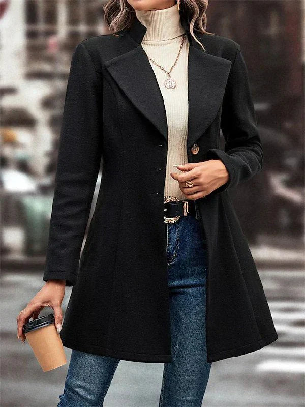 Klassischer Wollmantel Damen mit Reverskragen in Schwarz – Langer Wintermantel für Vielseitige Anlässe 1