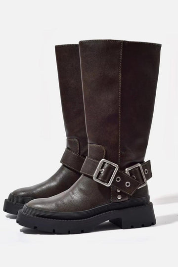 Vreni Braun Kniehohe Biker-Stiefel für Damen in Leder-Optik | Chunky Sohle mit Schnallen Herbst - 2/2.5/3/4/5/6/6.5