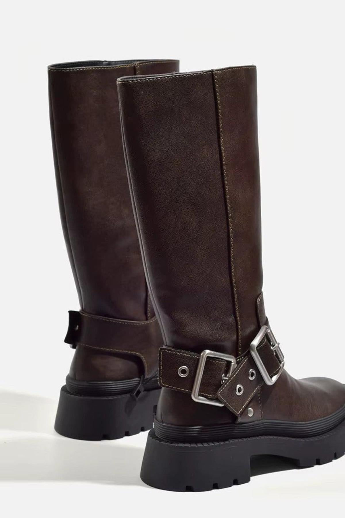 Vreni Braun Kniehohe Biker-Stiefel für Damen in Leder-Optik | Chunky Sohle mit Schnallen Herbst - 2/2.5/3/4/5/6/6.5