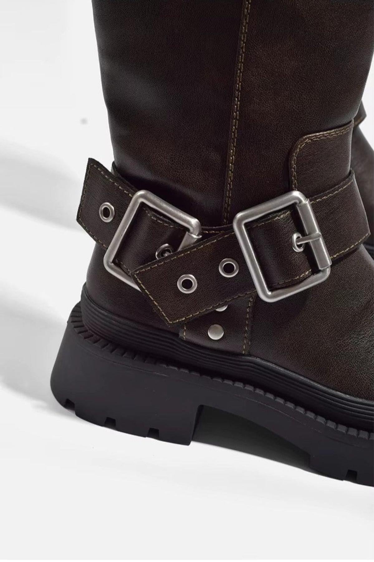 Vreni Braun Kniehohe Biker-Stiefel für Damen in Leder-Optik | Chunky Sohle mit Schnallen Herbst - 2/2.5/3/4/5/6/6.5