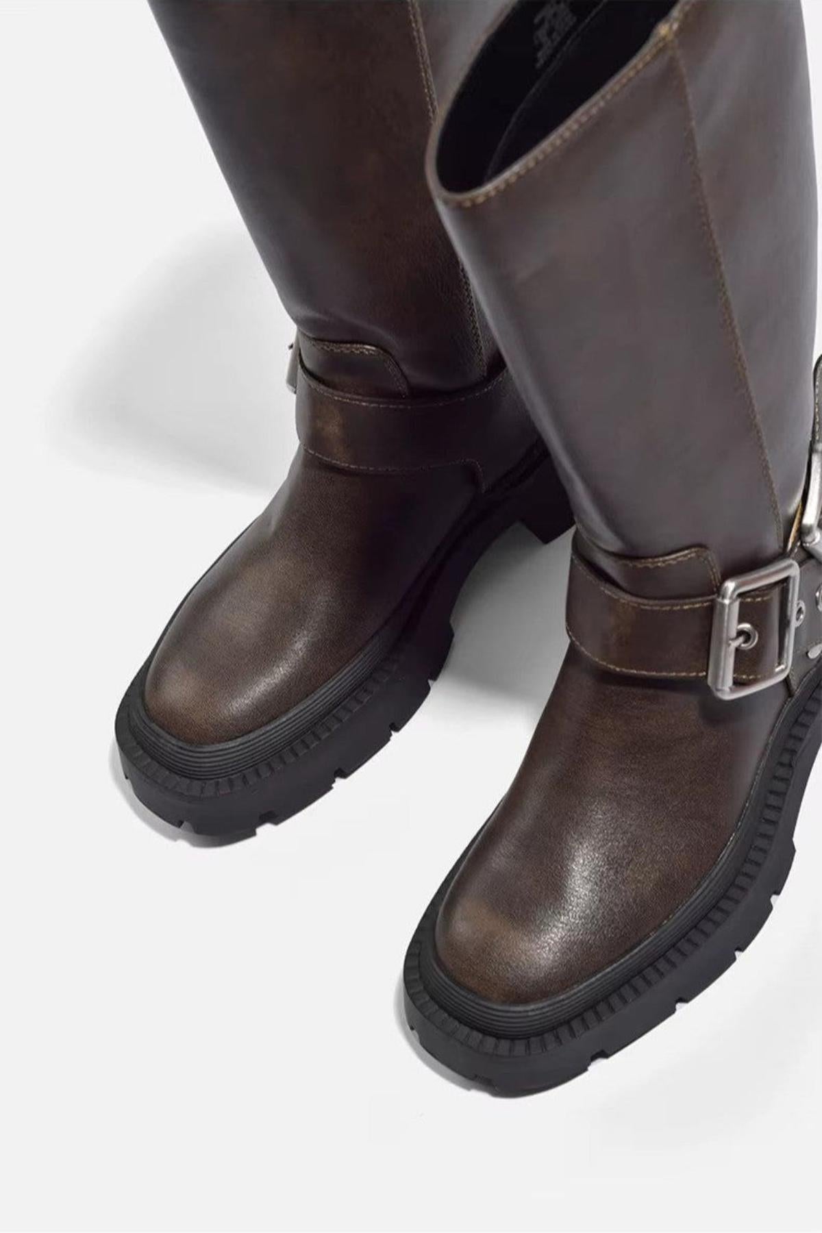 Vreni Braun Kniehohe Biker-Stiefel für Damen in Leder-Optik | Chunky Sohle mit Schnallen Herbst - 2/2.5/3/4/5/6/6.5