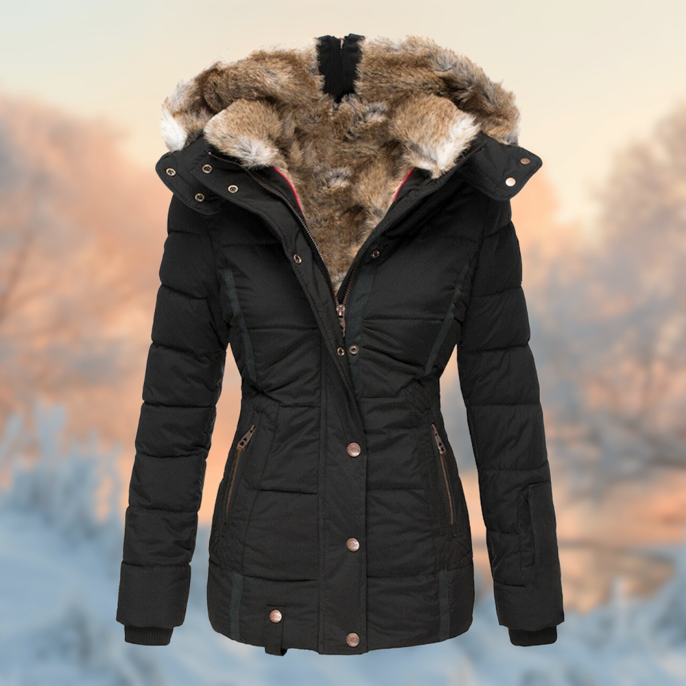 Wanda Beige Gesteppte Winterjacke mit Kapuze und Kunstfell-Besatz für Damen | Tailliert Warm Winter - S/M/L/XL/2XL/3XL/4XL/5XL