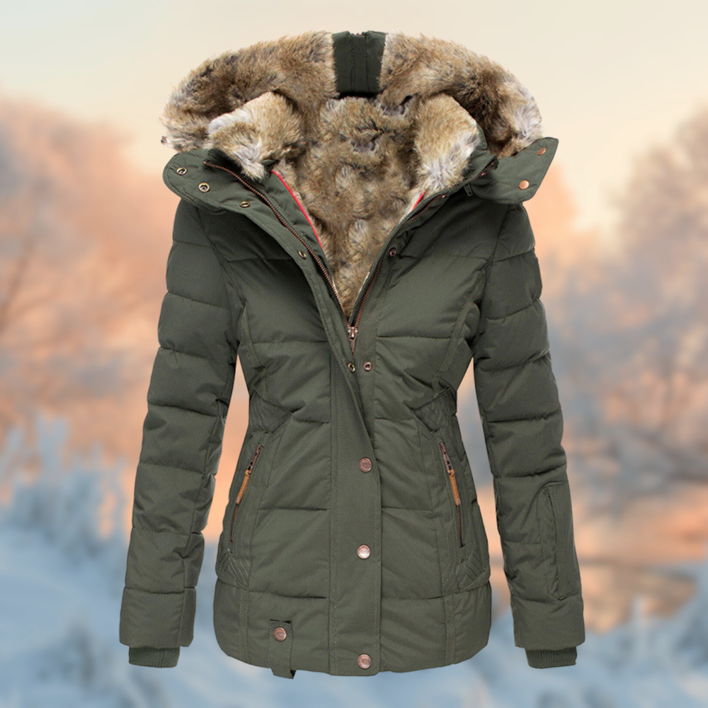 Wanda Beige Gesteppte Winterjacke mit Kapuze und Kunstfell-Besatz für Damen | Tailliert Warm Winter - S/M/L/XL/2XL/3XL/4XL/5XL
