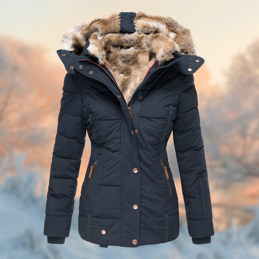Wanda Beige Gesteppte Winterjacke mit Kapuze und Kunstfell-Besatz für Damen | Tailliert Warm Winter - S/M/L/XL/2XL/3XL/4XL/5XL