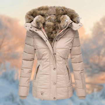 Wanda Beige Gesteppte Winterjacke mit Kapuze und Kunstfell-Besatz für Damen | Tailliert Warm Winter - S/M/L/XL/2XL/3XL/4XL/5XL