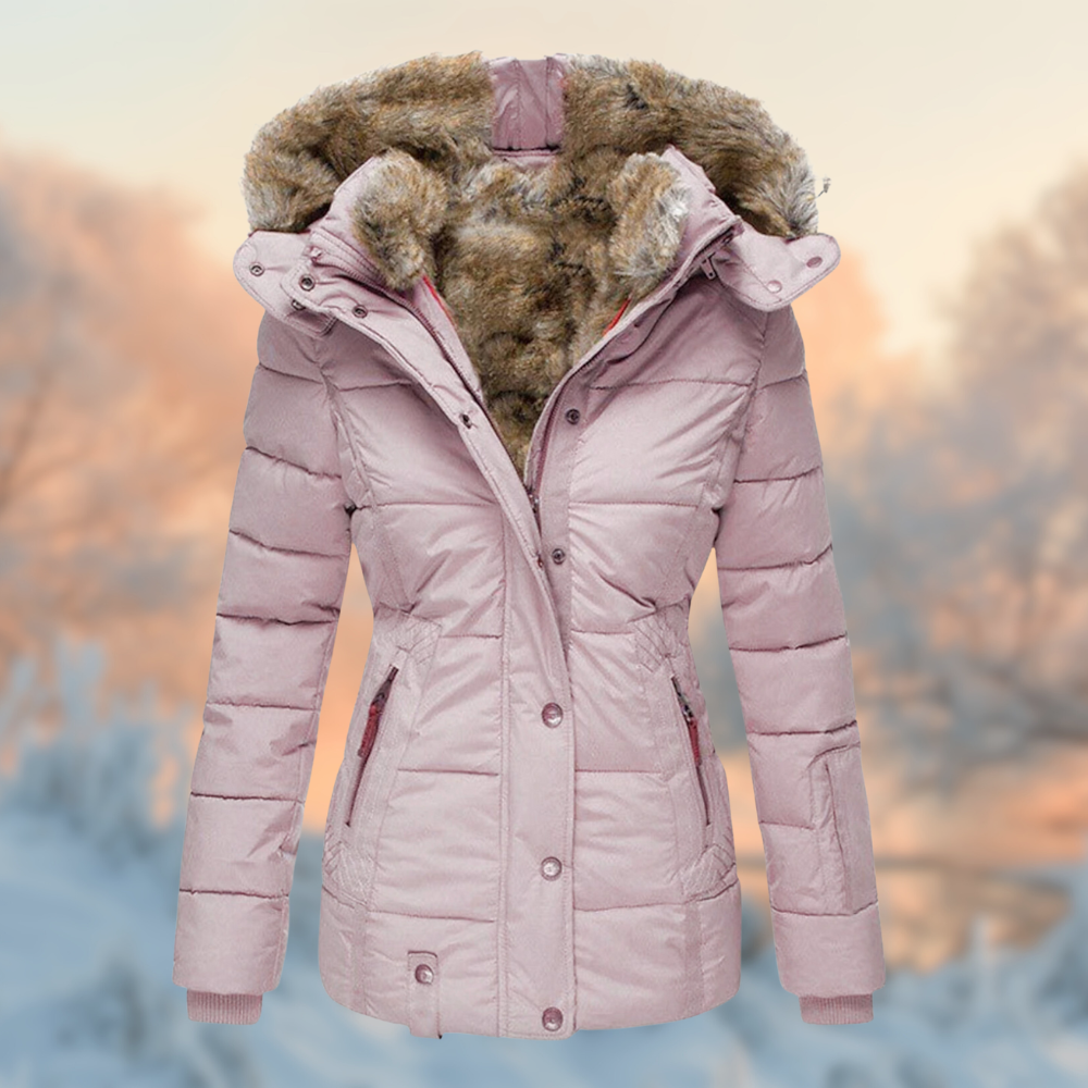 Wanda Beige Gesteppte Winterjacke mit Kapuze und Kunstfell-Besatz für Damen | Tailliert Warm Winter - S/M/L/XL/2XL/3XL/4XL/5XL