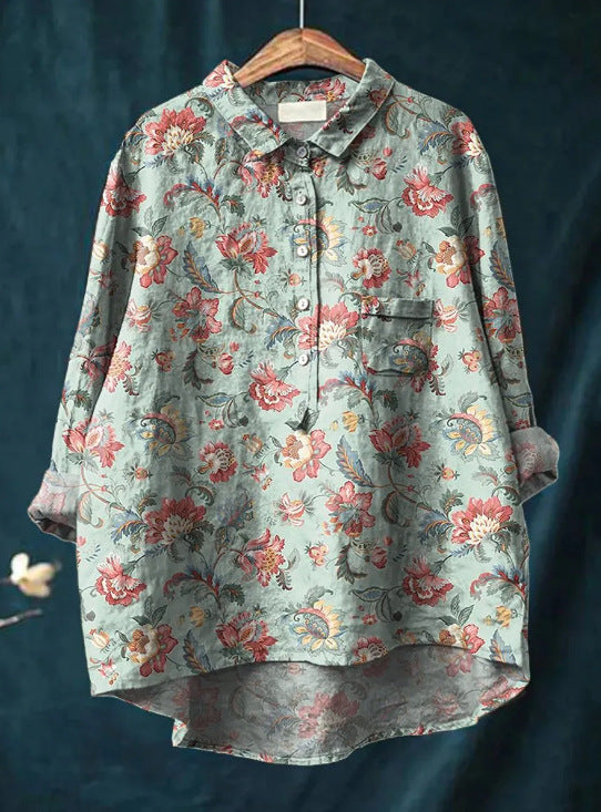 Vreni Grün Natur-Print Bluse für Damen | Leichte Baumwoll-Leinen Passform | Alltag & Freizeit - M/L/XL/2XL/3XL/4XL