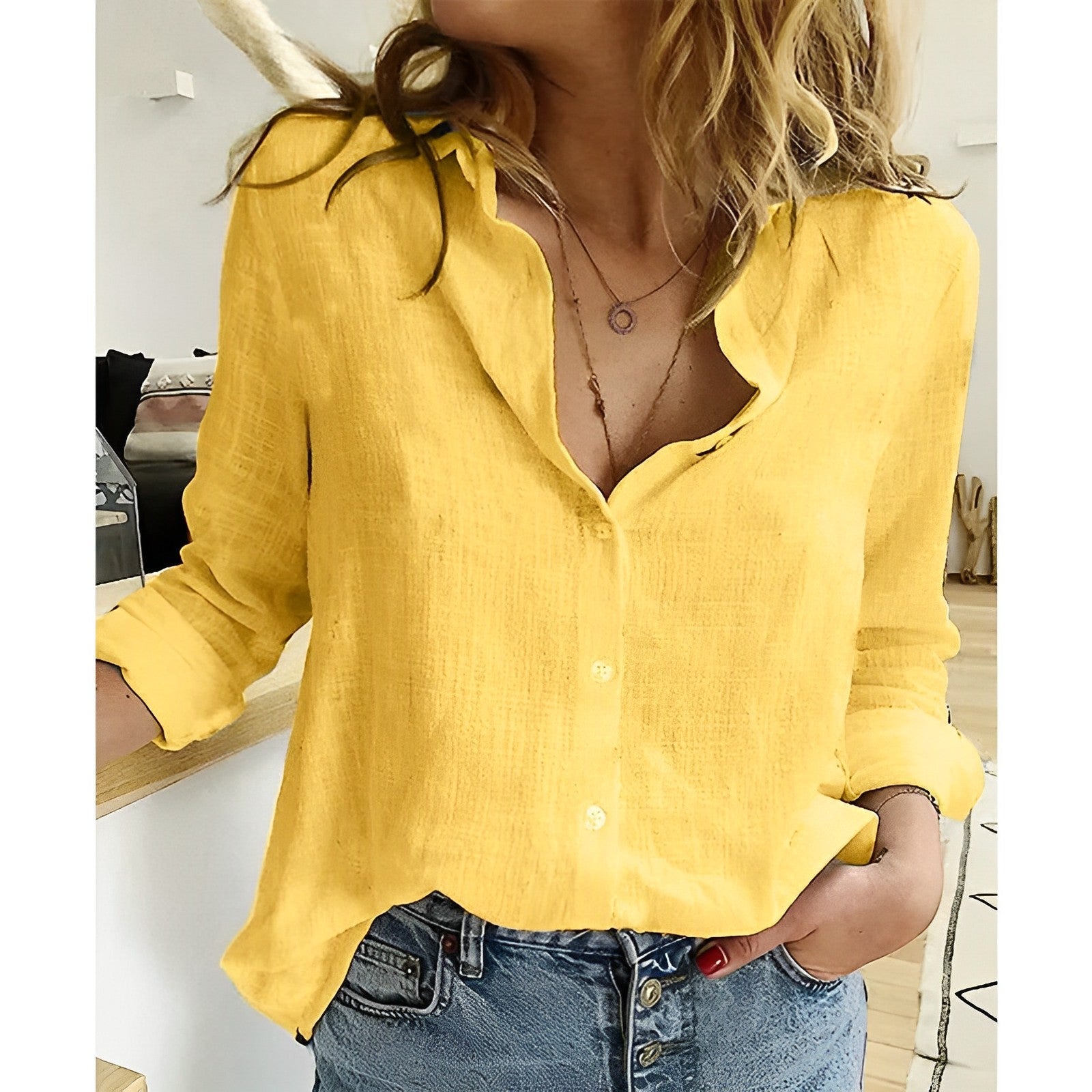 Anita Weiß Leinenoptik Langarmbluse für Damen | Lockerer Casual Fit | Büro und Freizeit - S-5XL