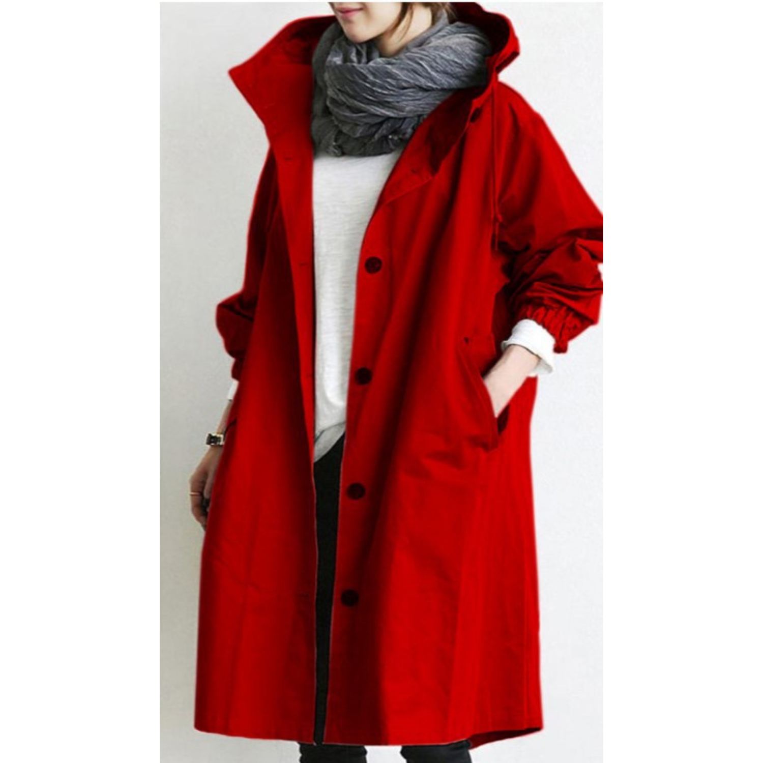 Monika Schwarz Langer Oversized Trenchcoat mit Kapuze für Damen | Casual Stadtlook - S/M/L/XL/2XL/3XL/4XL/5XL