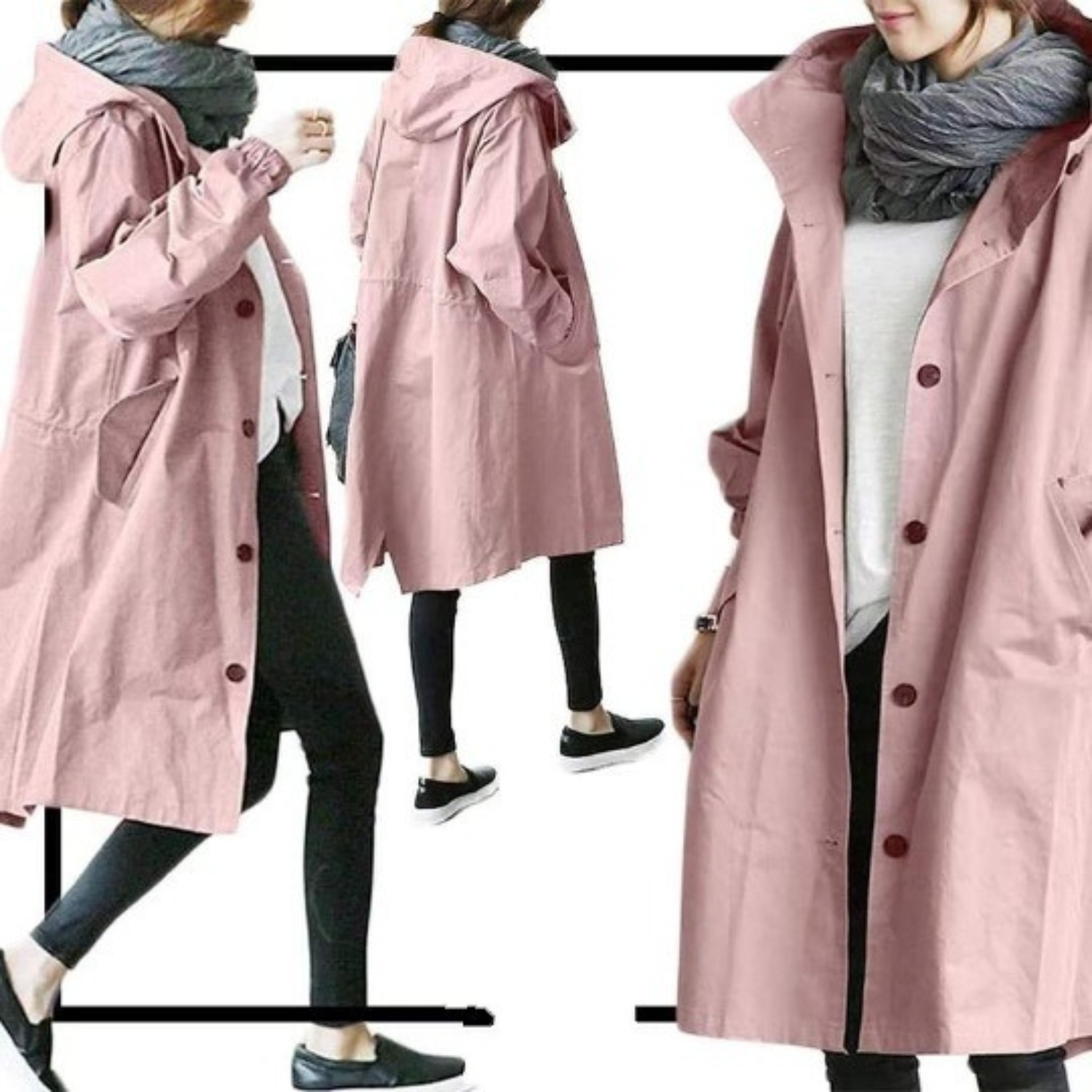 Monika Schwarz Langer Oversized Trenchcoat mit Kapuze für Damen | Casual Stadtlook - S/M/L/XL/2XL/3XL/4XL/5XL