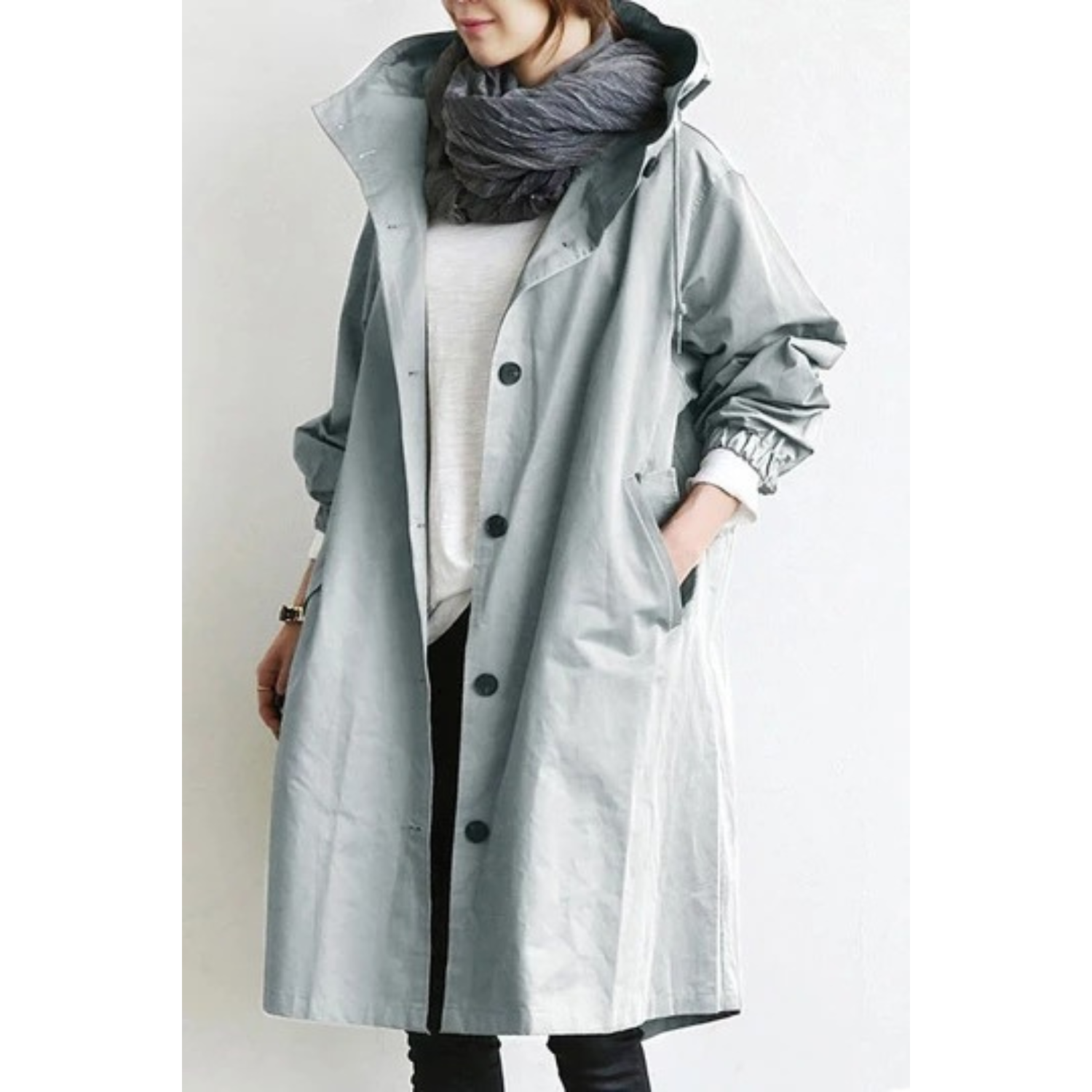 Monika Schwarz Langer Oversized Trenchcoat mit Kapuze für Damen | Casual Stadtlook - S/M/L/XL/2XL/3XL/4XL/5XL