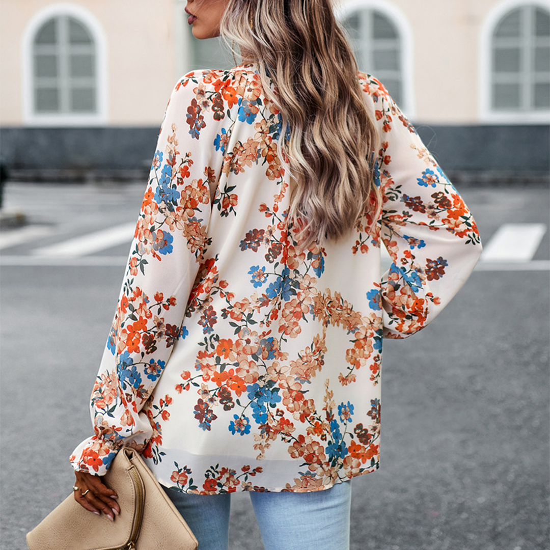 Karin Beige Geblümte V-Ausschnitt Bluse für Damen | Lockere Passform Casual Stil | Alltag und Gartenfest - S/M/L/XL