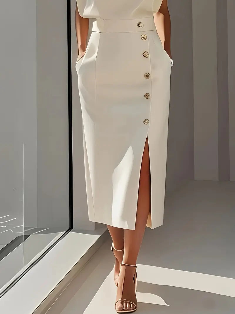 Lena Damen Midi-Kleid | Ärmellos mit Knopfleiste und Seitenschlitz 0