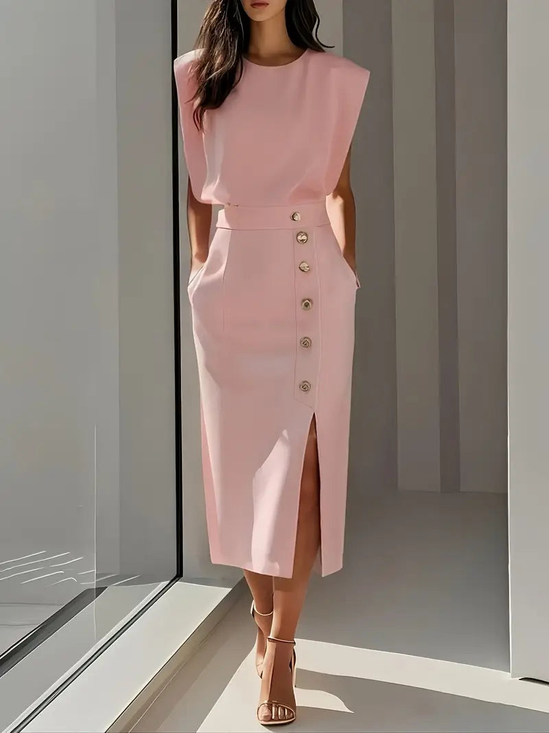 Lena Damen Midi-Kleid | Ärmellos mit Knopfleiste und Seitenschlitz 2