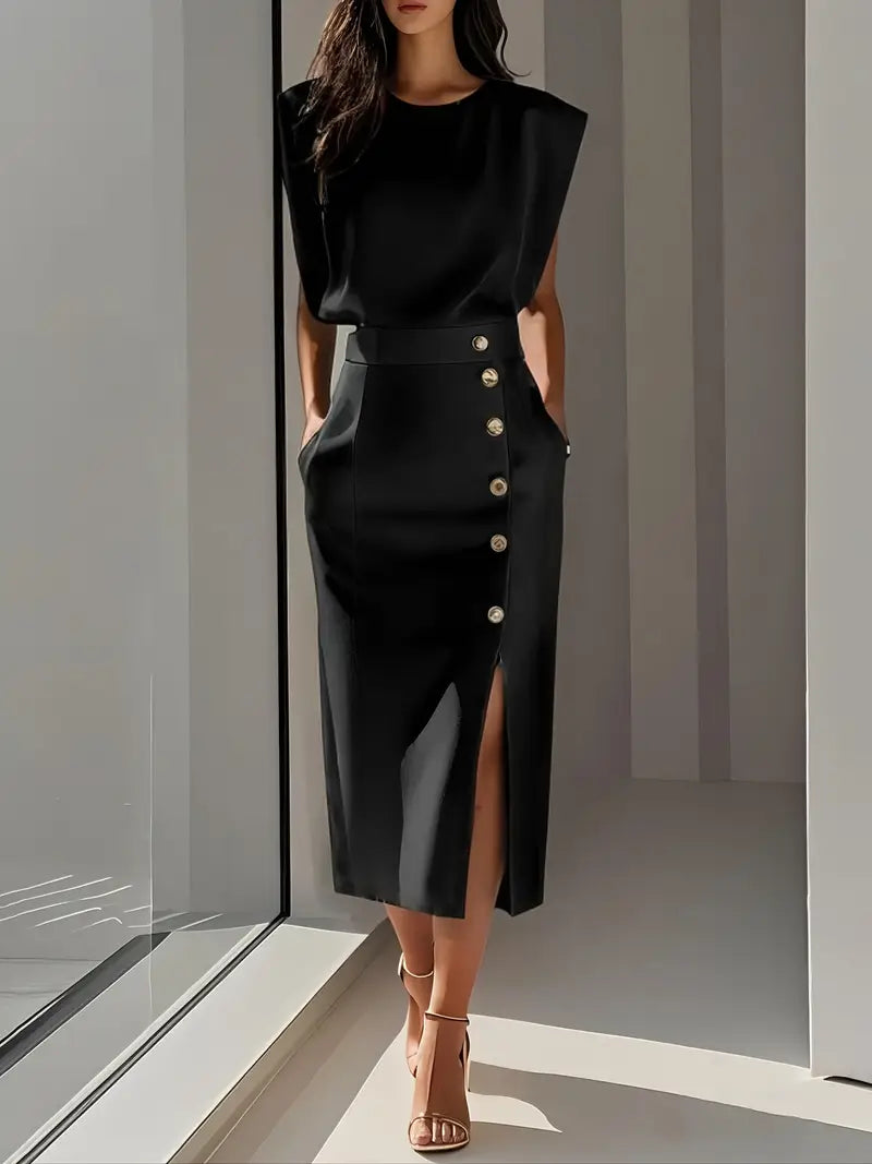 Lena Damen Midi-Kleid | Ärmellos mit Knopfleiste und Seitenschlitz 4
